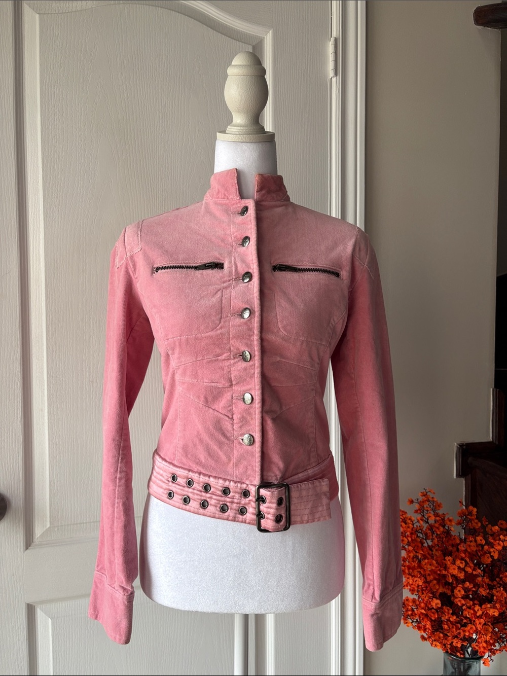 Y2K Pink Corduroy Belted Moto Jacket